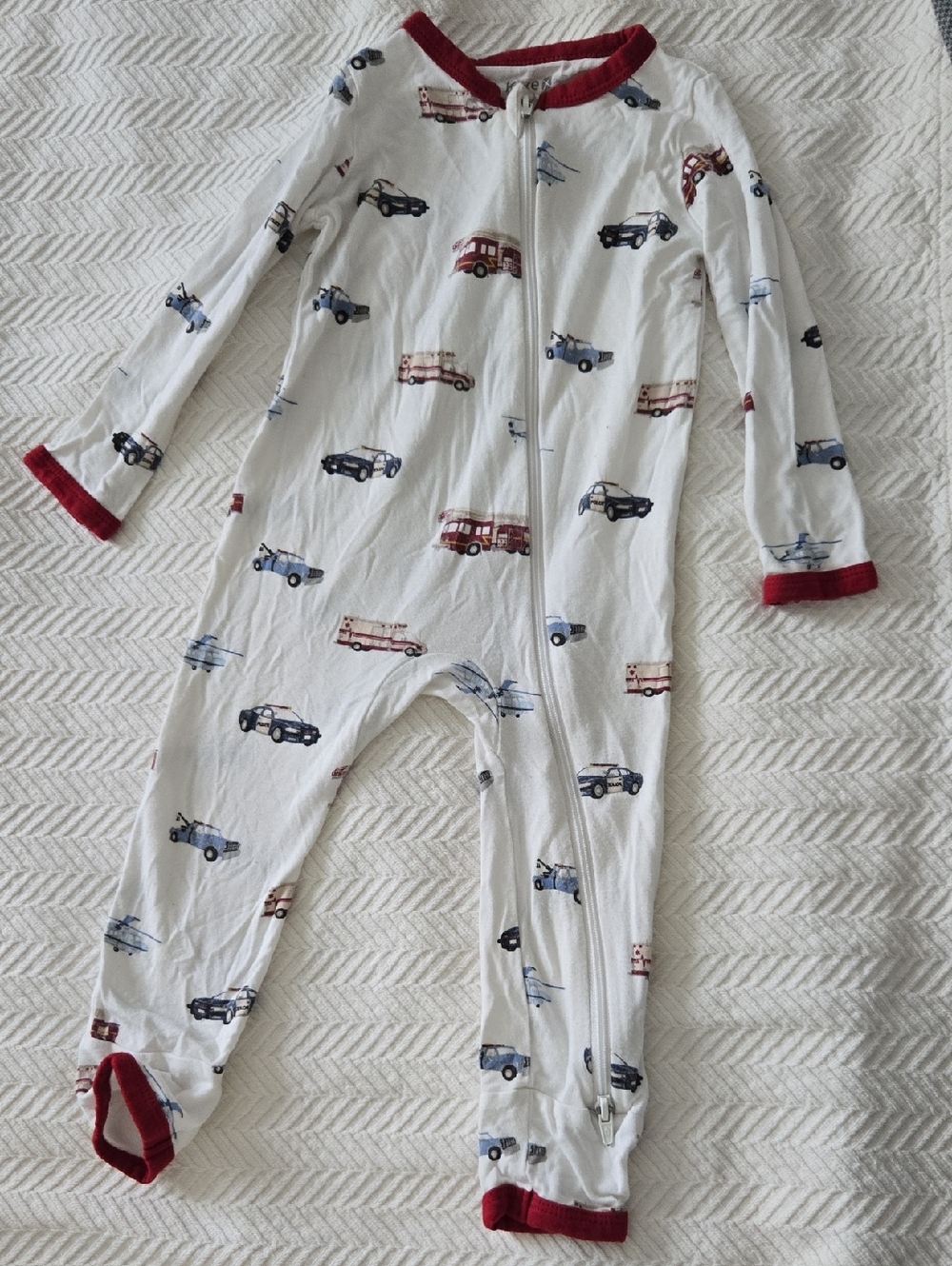 Kyte BABY White Footed One-Piece with Red Trim and Rescue Vehicle Print